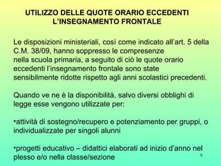 UTILIZZO DELLE QUOTE ORARIO ECCEDENTI L’INSEGNAMENTO FRONTALE Le disposizioni ministeriali, così come indicato all’art. 5 della C.M. 38/09, hanno soppresso le compresenze nella scuola primaria, a seguito di ciò le quote orario eccedenti l’insegnamento frontale sono state sensibilmente ridotte rispetto agli anni scolastici precedenti . Quando ve ne è la disponibilità, salvo diversi obblighi di legge esse vengono utilizzate per: attività di sostegno/recupero e potenziamento per gruppi, o individualizzate per singoli alunni progetti educativo – didattici elaborati ad inizio d’anno nel plesso e/o nella classe/sezione 