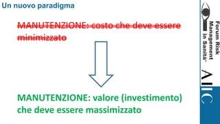 Un nuovo paradigma
MANUTENZIONE: costo che deve essere
minimizzato
MANUTENZIONE: valore (investimento)
che deve essere massimizzato
 