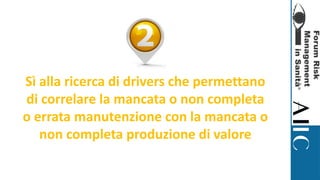 Sì alla ricerca di drivers che permettano
di correlare la mancata o non completa
o errata manutenzione con la mancata o
non completa produzione di valore
 