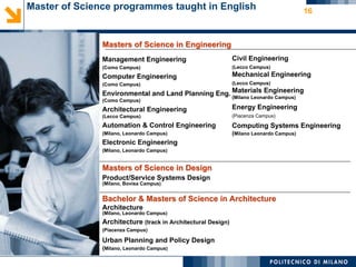 Master of Science programmes taught in English                                           16



               Masters of Science in Engineering
               Management Engineering                         Civil Engineering
               (Como Campus)                                  (Lecco Campus)
               Computer Engineering                           Mechanical Engineering
               (Como Campus)                                  (Lecco Campus)

               Environmental and Land Planning Eng. Materials Engineering
                                                    (Milano Leonardo Campus)
               (Como Campus)
               Architectural Engineering                      Energy Engineering
               (Lecco Campus)                                 (Piacenza Campus)

               Automation & Control Engineering               Computing Systems Engineering
               (Milano, Leonardo Campus)                      (Milano Leonardo Campus)
               Electronic Engineering
               (Milano, Leonardo Campus)


               Masters of Science in Design
               Product/Service Systems Design
               (Milano, Bovisa Campus)


               Bachelor & Masters of Science in Architecture
               Architecture
               (Milano, Leonardo Campus)
               Architecture (track in Architectural Design)
               (Piacenza Campus)

               Urban Planning and Policy Design
               (Milano, Leonardo Campus)
 