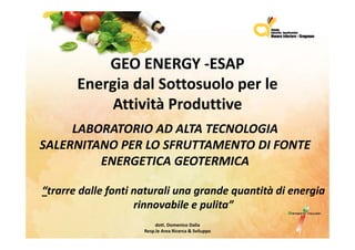 GEOENERGY ESAP
           GEO ENERGY ‐ESAP
       EnergiadalSottosuoloperle
            AttivitàProduttive
     LABORATORIOADALTATECNOLOGIA
     LABORATORIO AD ALTA TECNOLOGIA
SALERNITANOPERLOSFRUTTAMENTODI FONTE
         ENERGETICAGEOTERMICA

“trarredallefontinaturaliunagrandequantitàdienergia
                    rinnovabileepulita”
                                  p
                          dott.DomenicoDalia
                     Resp.le AreaRicerca&Sviluppo
 
