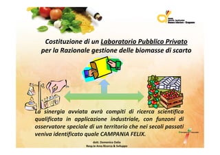 CostituzionediunLaboratorioPubblicoPrivato
   Costituzione di un Laboratorio Pubblico Privato
  perlaRazionalegestionedellebiomassediscarto




La sinergia avviata avrà compiti di ricerca scientifica
qualificata in applicazione industriale, con funzoni di
osservatore speciale di un territorio che nei secoli passati
veniva identificato quale CAMPANIA FELIX.
                         dott.DomenicoDalia
                    Resp.le AreaRicerca&Sviluppo
 