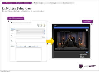Premessa

La nostra soluzione

A chi si rivolge

Vantaggi

Conclusioni

La Nostra Soluzione

Content Design – Dettaglio sulla gestione dei contenuti video.

Area di Amministrazione
Area Pubblica

venerdì 20 gennaio 12

 