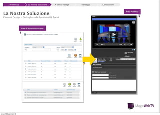 Premessa

La nostra soluzione

La Nostra Soluzione

A chi si rivolge

Content Design – Dettaglio sulle funzionalità Social

Area di Amministrazione

venerdì 20 gennaio 12

Vantaggi

Conclusioni
Area Pubblica

 