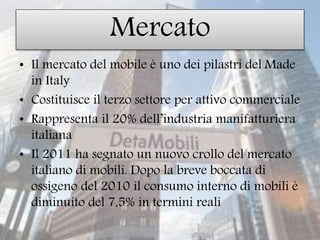 Mercato
• Il mercato del mobile è uno dei pilastri del Made
in Italy
• Costituisce il terzo settore per attivo commerciale
• Rappresenta il 20% dell’industria manifatturiera
italiana
• Il 2011 ha segnato un nuovo crollo del mercato
italiano di mobili. Dopo la breve boccata di
ossigeno del 2010 il consumo interno di mobili è
diminuito del 7,5% in termini reali
 