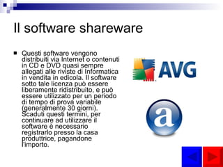 Il software shareware Questi software vengono distribuiti via Internet o contenuti in CD e DVD quasi sempre allegati alle riviste di Informatica in vendita in edicola. Il software sotto tale licenza può essere liberamente ridistribuito, e può essere utilizzato per un periodo di tempo di prova variabile (generalmente 30 giorni). Scaduti questi termini, per continuare ad utilizzare il software è necessario registrarlo presso la casa produttrice, pagandone l'importo.   