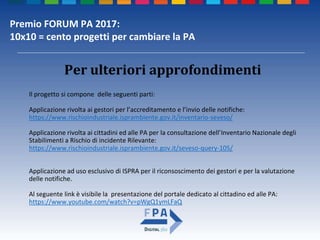 Premio FORUM PA 2017:
10x10 = cento progetti per cambiare la PA
Per ulteriori approfondimenti
Il progetto si compone delle seguenti parti:
Applicazione rivolta ai gestori per l’accreditamento e l’invio delle notifiche:
https://www.rischioindustriale.isprambiente.gov.it/inventario-seveso/
Applicazione rivolta ai cittadini ed alle PA per la consultazione dell’Inventario Nazionale degli
Stabilimenti a Rischio di incidente Rilevante:
https://www.rischioindustriale.isprambiente.gov.it/seveso-query-105/
Applicazione ad uso esclusivo di ISPRA per il riconsoscimento dei gestori e per la valutazione
delle notifiche.
Al seguente link è visibile la presentazione del portale dedicato al cittadino ed alle PA:
https://www.youtube.com/watch?v=pWgQ1ymLFaQ
 