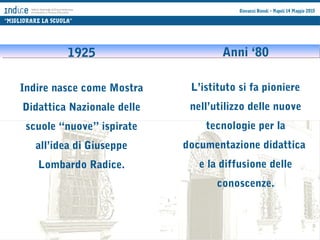 “MIGLIORARE LA SCUOLA”
Giovanni Biondi – Napoli 14 Maggio 2015
1925
Indire nasce come Mostra
Didattica Nazionale delle
scu...