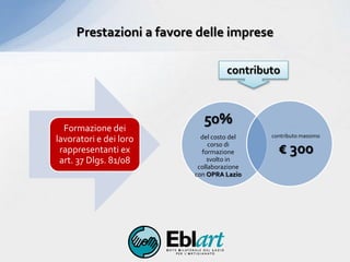 50%
del costo del
corso di
formazione
svolto in
collaborazione
con OPRA Lazio
contributo massimo
€ 300
Prestazioni a favore delle imprese
Formazione dei
lavoratori e dei loro
rappresentanti ex
art. 37 Dlgs. 81/08
contributo
 