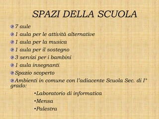 SPAZI DELLA SCUOLA
  7 aule
  1 aula per le attività alternative
  1 aula per la musica
  1 aula per il sostegno
  3 servizi per i bambini
  1 aula insegnanti
  Spazio scoperto
  Ambienti in comune con l’adiacente Scuola Sec. di I°
grado:
          •Laboratorio di informatica
          •Mensa
          •Palestra
 