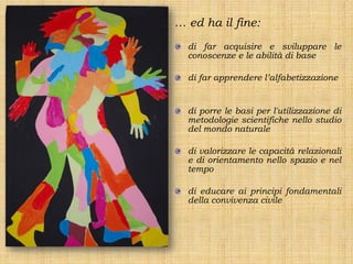 … ed ha il fine:
  di far acquisire e sviluppare le
  conoscenze e le abilità di base

  di far apprendere l’alfabetizzazione


  di porre le basi per l'utilizzazione di
  metodologie scientifiche nello studio
  del mondo naturale

  di valorizzare le capacità relazionali
  e di orientamento nello spazio e nel
  tempo

  di educare ai principi fondamentali
  della convivenza civile
 