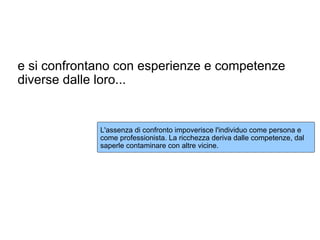 e si confrontano con esperienze e competenze
diverse dalle loro...


             L'assenza di confronto impoverisce l'individuo come persona e
             come professionista. La ricchezza deriva dalle competenze, dal
             saperle contaminare con altre vicine.
 