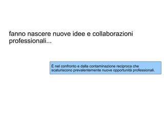 fanno nascere nuove idee e collaborazioni
professionali...


              È nel confronto e dalla contaminazione reciproca che
              scaturiscono prevalentemente nuove opportunità professionali.
 