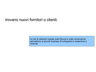trovano nuovi fornitori o clienti.



                Le reti di relazioni basate sulla fiducia e sulla condivisione
                permettono ai piccoli business di svilupparsi e sostenersi a
                vicenda.
 
