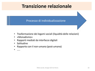 Transizione relazionale
Processo di individualizzazione
• Trasformazione dei legami sociali (liquidità delle relazioni)
• «Monadismo»
• Rapporti mediati da interfacce digitali
• Solitudine
• Rapporto con il non-umano (post-umano)
• …..
Sfide sociali, bisogni del territorio 10
 