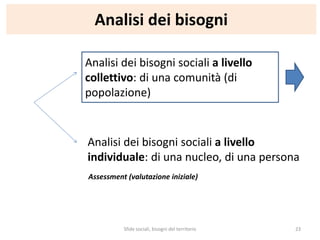 Analisi dei bisogni
Analisi dei bisogni sociali a livello
individuale: di una nucleo, di una persona
Assessment (valutazione iniziale)
Analisi dei bisogni sociali a livello
collettivo: di una comunità (di
popolazione)
Sfide sociali, bisogni del territorio 23
 