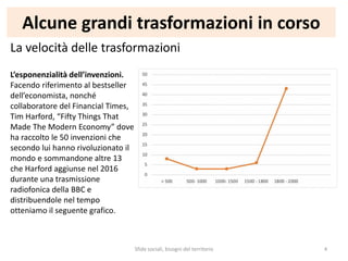 Alcune grandi trasformazioni in corso
La velocità delle trasformazioni
Sfide sociali, bisogni del territorio 4
L’esponenzialità dell’invenzioni.
Facendo riferimento al bestseller
dell’economista, nonché
collaboratore del Financial Times,
Tim Harford, “Fifty Things That
Made The Modern Economy” dove
ha raccolto le 50 invenzioni che
secondo lui hanno rivoluzionato il
mondo e sommandone altre 13
che Harford aggiunse nel 2016
durante una trasmissione
radiofonica della BBC e
distribuendole nel tempo
otteniamo il seguente grafico.
 