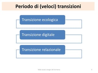 Periodo di (veloci) transizioni
Transizione ecologica
Transizione digitale
Transizione relazionale
Sfide sociali, bisogni del territorio 5
 