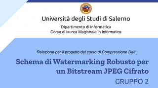 Schema di Watermarking Robusto per
un Bitstream JPEG Cifrato
GRUPPO 2
Università degli Studi di Salerno
Dipartimento di Informatica
Corso di laurea Magistrale in Informatica
Relazione per il progetto del corso di Compressione Dati
 