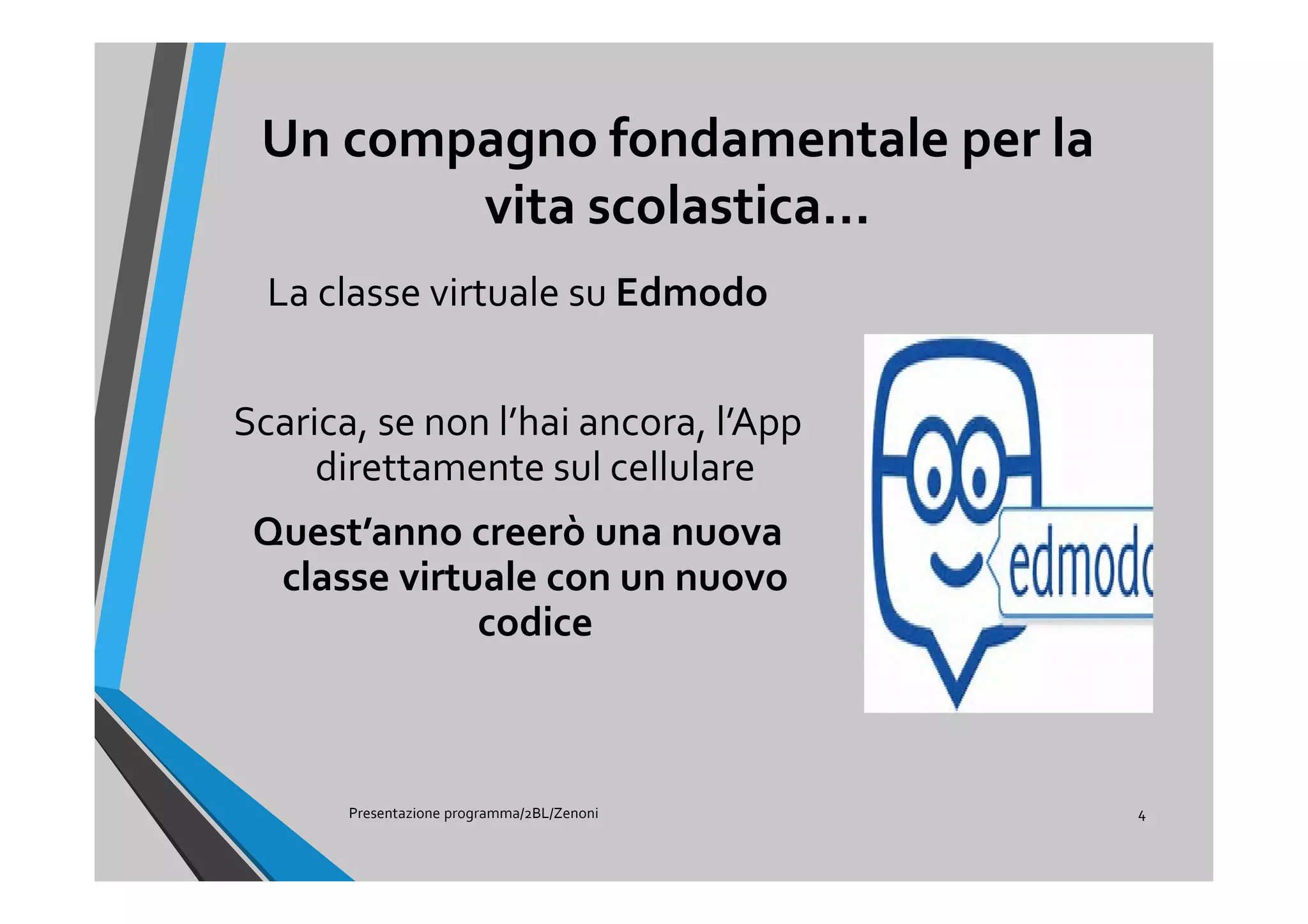 Un compagno fondamentale per la
vita scolastica…
La classe virtuale su Edmodo
Scarica, se non l’hai ancora, l’App
direttamente sul cellulare
Quest’anno creerò una nuova
classe virtuale con un nuovo
codice
Presentazione programma/2BL/Zenoni 4
 