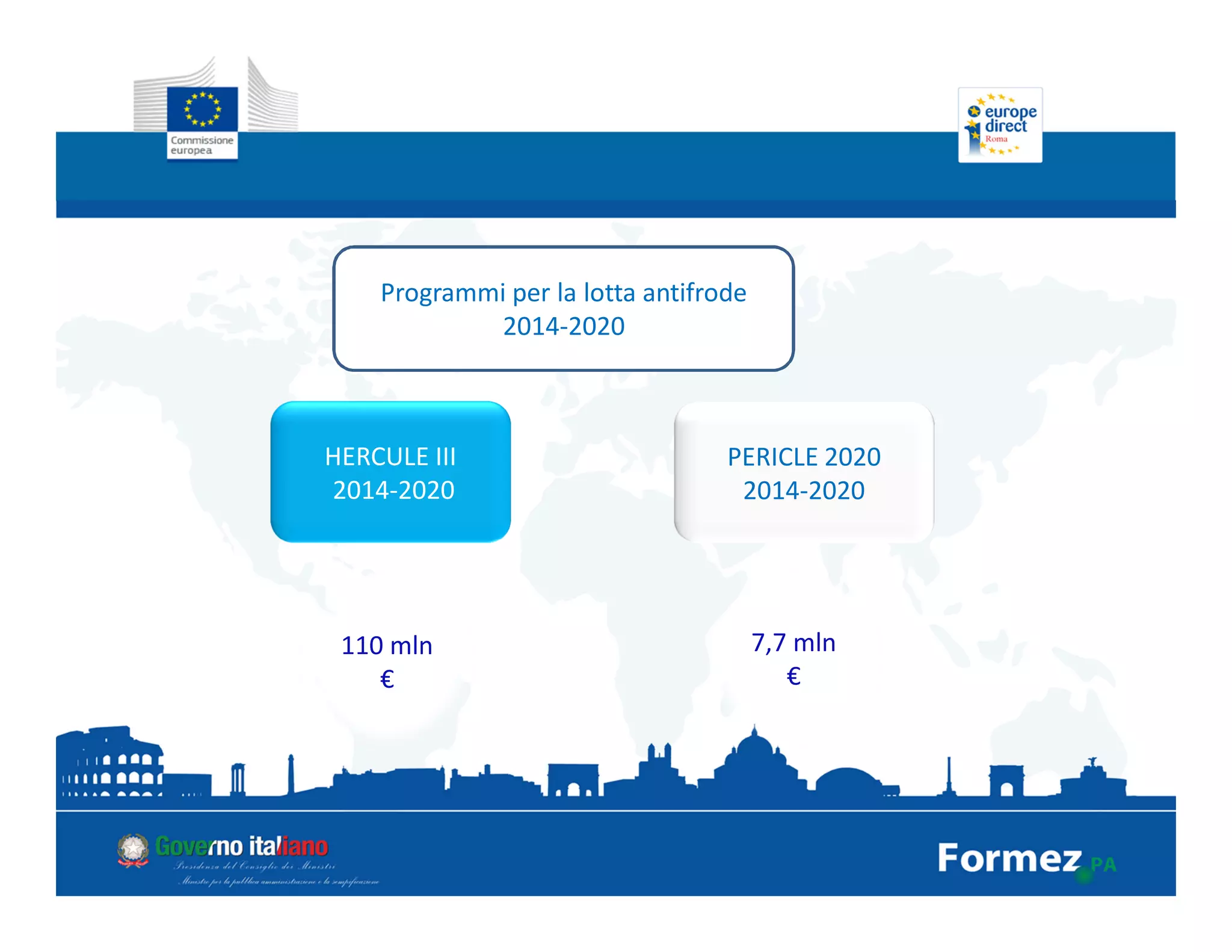 Programmi per la lotta antifrode
2014-2020
HERCULE III
2014-2020
PERICLE 2020
2014-2020
110 mln
€
7,7 mln
€
 
