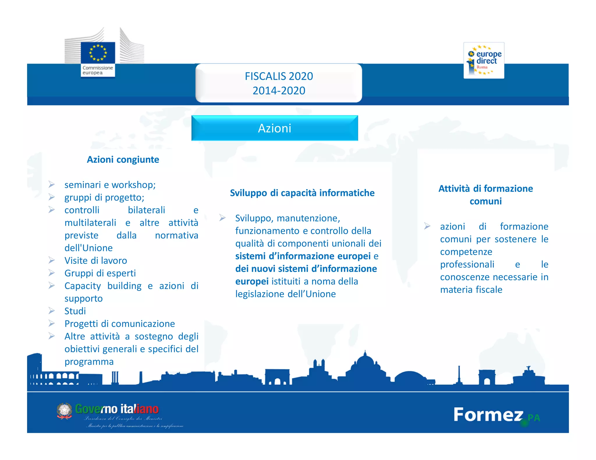 Azioni
Azioni congiunte
seminari e workshop;
gruppi di progetto;
controlli bilaterali e
multilaterali e altre attività
previste dalla normativa
dell'Unione
Visite di lavoro
Gruppi di esperti
Capacity building e azioni di
supporto
Studi
Progetti di comunicazione
Altre attività a sostegno degli
obiettivi generali e specifici del
programma
Sviluppo di capacità informatiche
Sviluppo, manutenzione,
funzionamento e controllo della
qualità di componenti unionali dei
sistemi d’informazione europei e
dei nuovi sistemi d’informazione
europei istituiti a noma della
legislazione dell’Unione
Attività di formazione
comuni
azioni di formazione
comuni per sostenere le
competenze
professionali e le
conoscenze necessarie in
materia fiscale
FISCALIS 2020
2014-2020
 