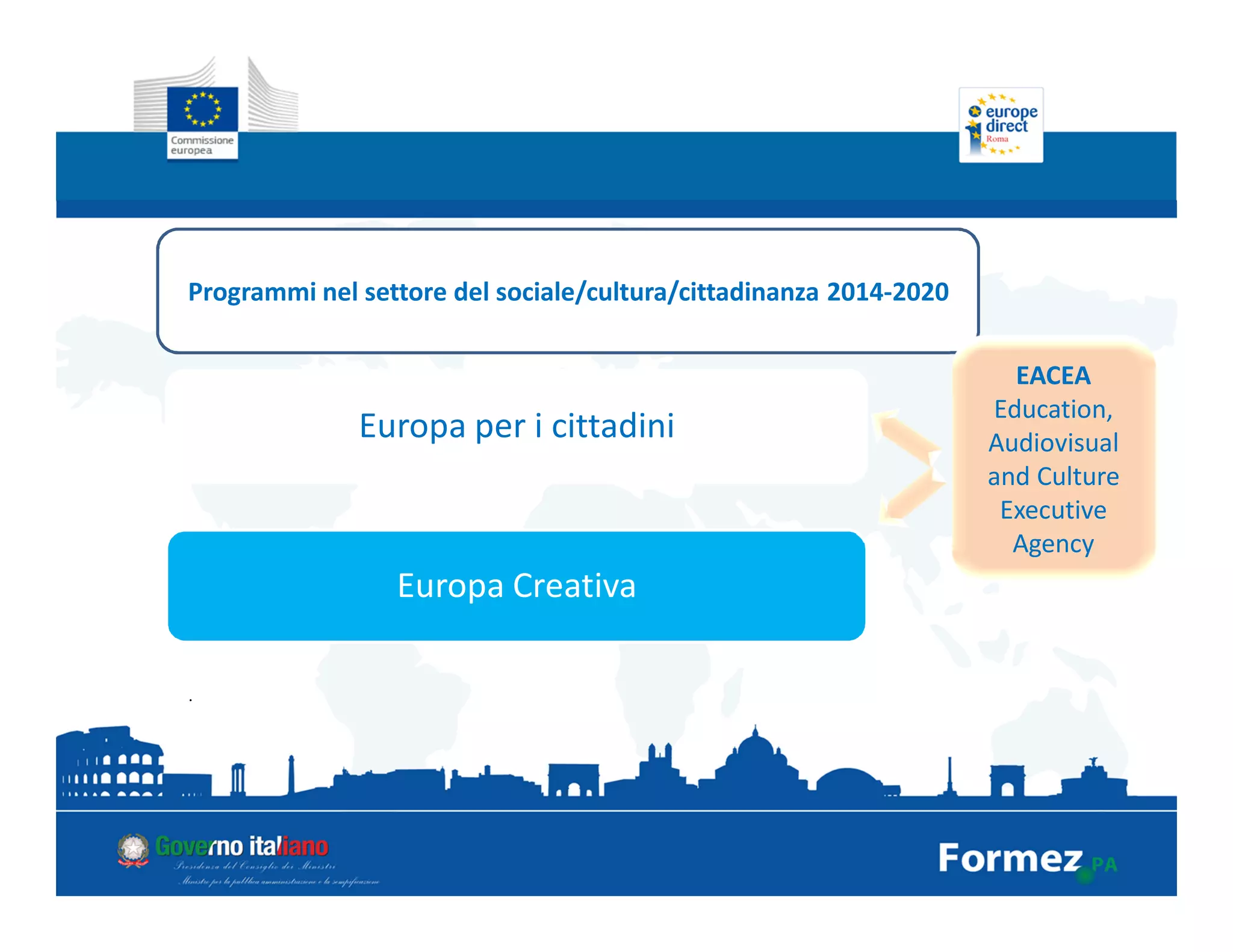 Programmi nel settore del sociale/cultura/cittadinanza 2014-2020
Europa per i cittadini
Europa Creativa
•
EACEA
Education,
Audiovisual
and Culture
Executive
Agency
 