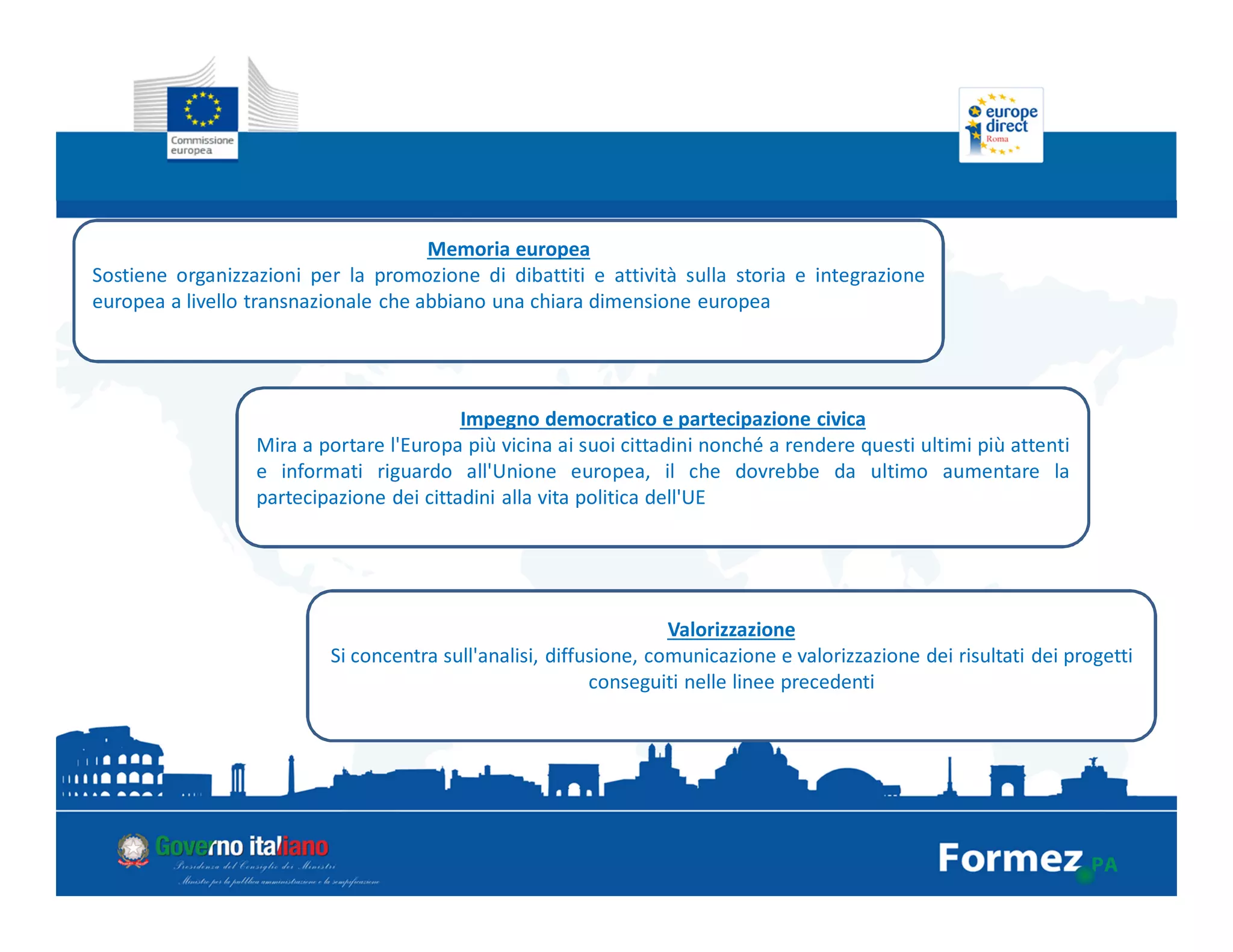Memoria europea
Sostiene organizzazioni per la promozione di dibattiti e attività sulla storia e integrazione
europea a livello transnazionale che abbiano una chiara dimensione europea
Impegno democratico e partecipazione civica
Mira a portare l'Europa più vicina ai suoi cittadini nonché a rendere questi ultimi più attenti
e informati riguardo all'Unione europea, il che dovrebbe da ultimo aumentare la
partecipazione dei cittadini alla vita politica dell'UE
Valorizzazione
Si concentra sull'analisi, diffusione, comunicazione e valorizzazione dei risultati dei progetti
conseguiti nelle linee precedenti
 