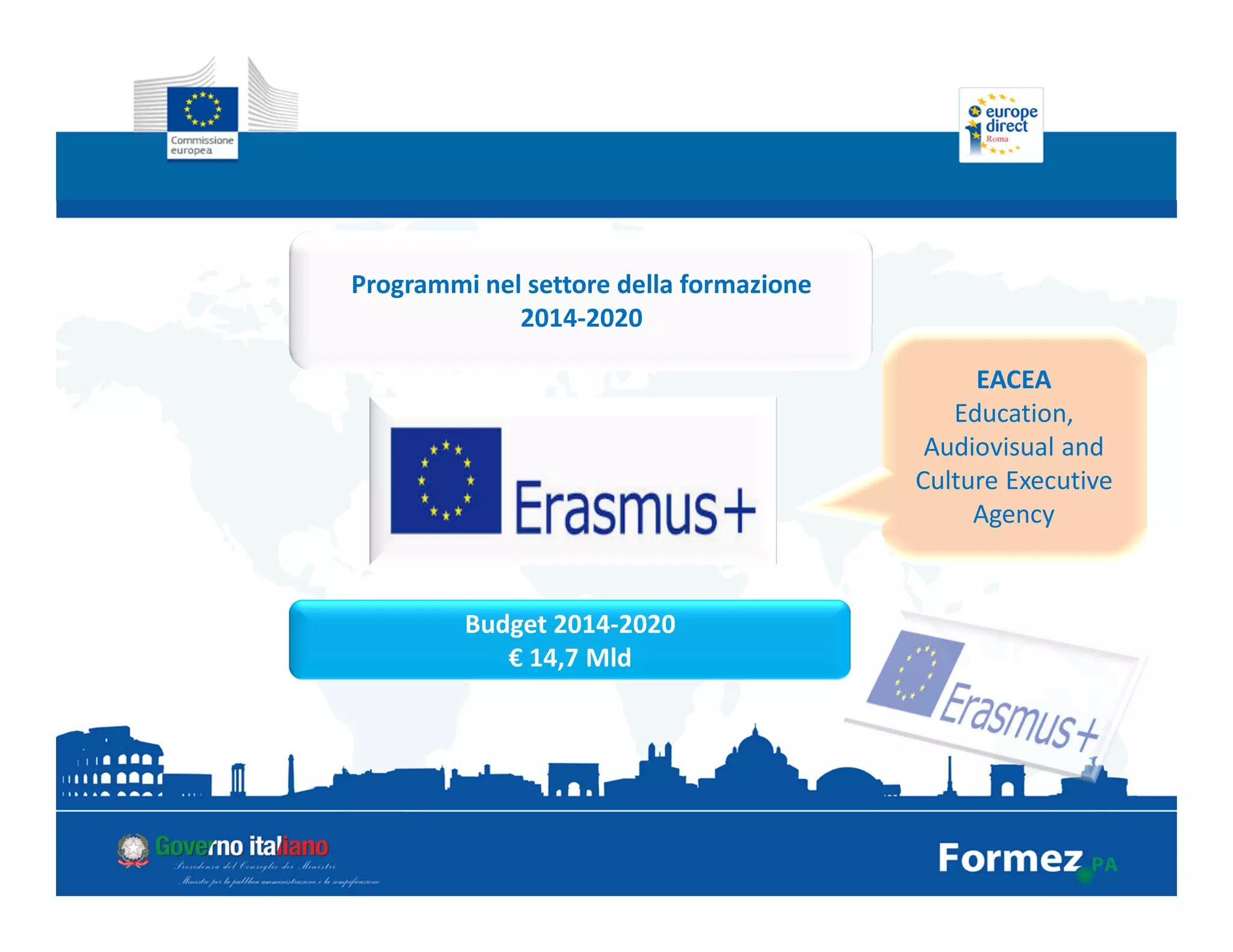 Programmi nel settore della formazione
2014-2020
Budget 2014-2020
€ 14,7 Mld
EACEA
Education,
Audiovisual and
Culture Executive
Agency
 