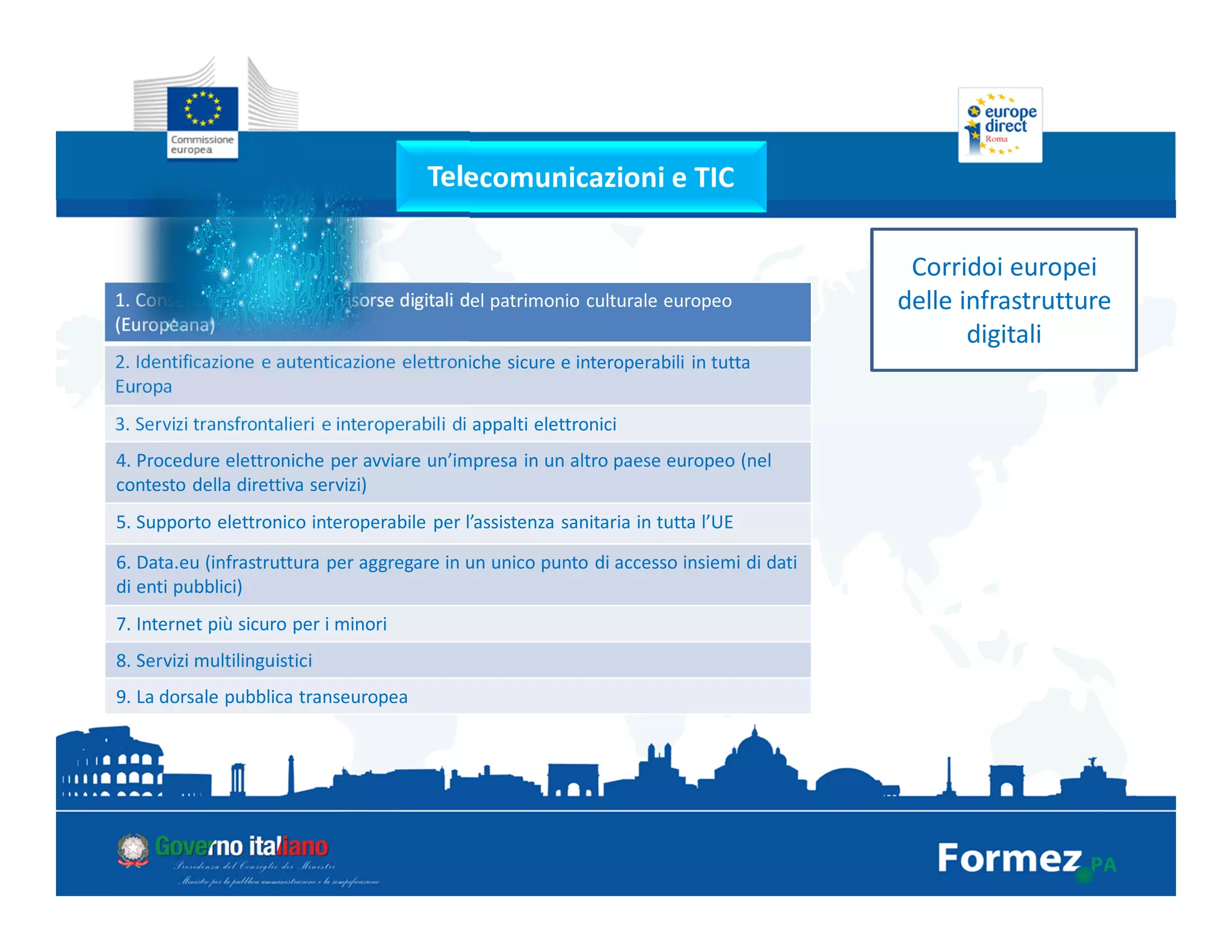 Telecomunicazioni e TIC
Corridoi europei
delle infrastrutture
digitali
1. Consentire l’accesso alle risorse digitali del patrimonio culturale europeo
(Europeana)
2. Identificazione e autenticazione elettroniche sicure e interoperabili in tutta
Europa
3. Servizi transfrontalieri e interoperabili di appalti elettronici
4. Procedure elettroniche per avviare un’impresa in un altro paese europeo (nel
contesto della direttiva servizi)
5. Supporto elettronico interoperabile per l’assistenza sanitaria in tutta l’UE
6. Data.eu (infrastruttura per aggregare in un unico punto di accesso insiemi di dati
di enti pubblici)
7. Internet più sicuro per i minori
8. Servizi multilinguistici
9. La dorsale pubblica transeuropea
 