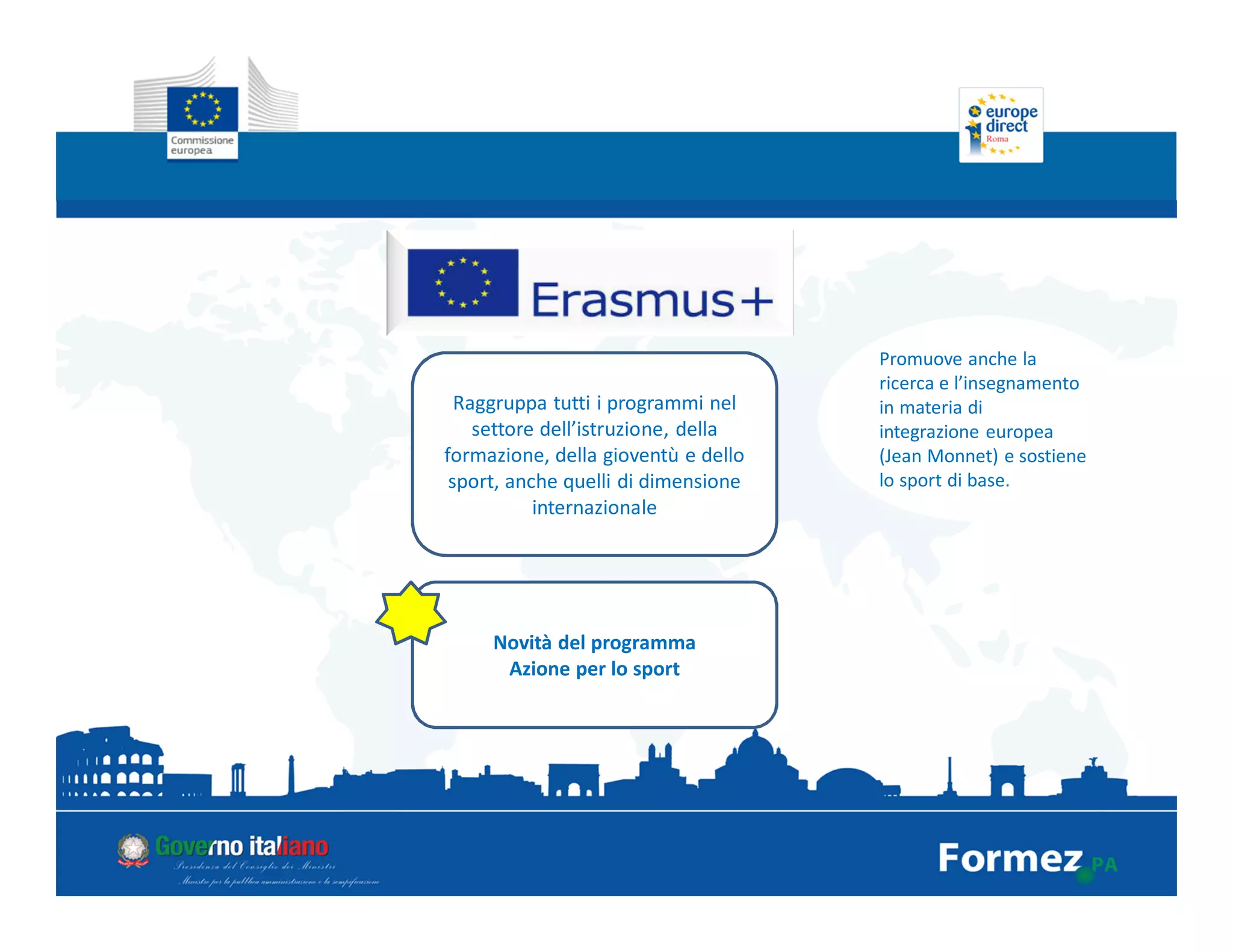 Raggruppa tutti i programmi nel
settore dell’istruzione, della
formazione, della gioventù e dello
sport, anche quelli di dimensione
internazionale
Novità del programma
Azione per lo sport
Promuove anche la
ricerca e l’insegnamento
in materia di
integrazione europea
(Jean Monnet) e sostiene
lo sport di base.
 