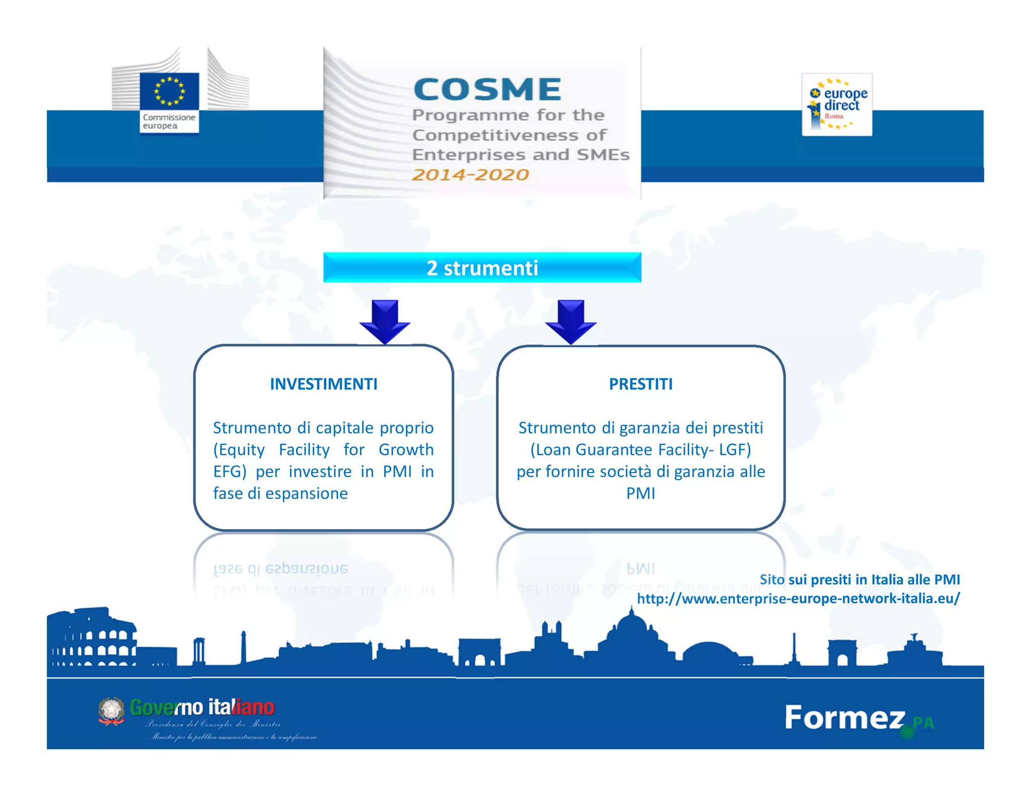 Sito sui presiti in Italia alle PMI
http://www.enterprise-europe-network-italia.eu/
INVESTIMENTI
Strumento di capitale proprio
(Equity Facility for Growth
EFG) per investire in PMI in
fase di espansione
PRESTITI
Strumento di garanzia dei prestiti
(Loan Guarantee Facility- LGF)
per fornire società di garanzia alle
PMI
2 strumenti
 