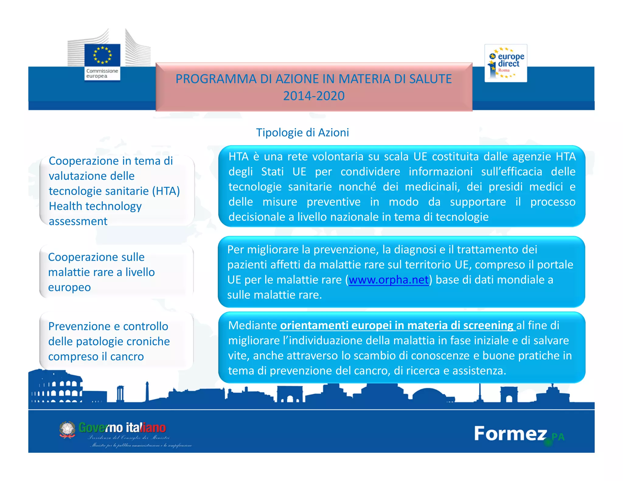 PROGRAMMA DI AZIONE IN MATERIA DI SALUTE
2014-2020
Tipologie di Azioni
Cooperazione in tema di
valutazione delle
tecnologie sanitarie (HTA)
Health technology
assessment
HTA è una rete volontaria su scala UE costituita dalle agenzie HTA
degli Stati UE per condividere informazioni sull’efficacia delle
tecnologie sanitarie nonché dei medicinali, dei presidi medici e
delle misure preventive in modo da supportare il processo
decisionale a livello nazionale in tema di tecnologie
Cooperazione sulle
malattie rare a livello
europeo
Per migliorare la prevenzione, la diagnosi e il trattamento dei
pazienti affetti da malattie rare sul territorio UE, compreso il portale
UE per le malattie rare (www.orpha.net) base di dati mondiale a
sulle malattie rare.
Prevenzione e controllo
delle patologie croniche
compreso il cancro
Mediante orientamenti europei in materia di screening al fine di
migliorare l’individuazione della malattia in fase iniziale e di salvare
vite, anche attraverso lo scambio di conoscenze e buone pratiche in
tema di prevenzione del cancro, di ricerca e assistenza.
 