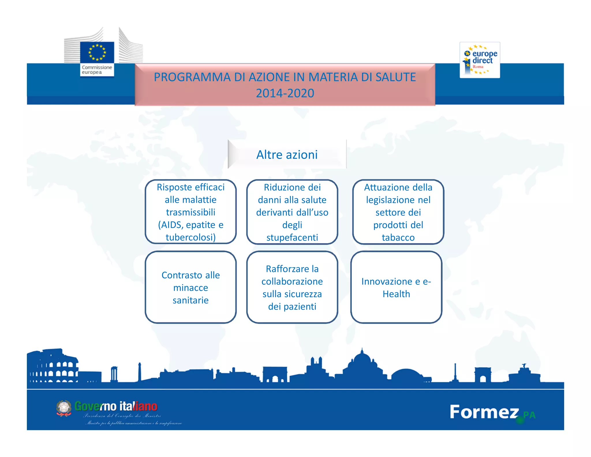 PROGRAMMA DI AZIONE IN MATERIA DI SALUTE
2014-2020
Altre azioni
Rafforzare la
collaborazione
sulla sicurezza
dei pazienti
Innovazione e e-
Health
Contrasto alle
minacce
sanitarie
Attuazione della
legislazione nel
settore dei
prodotti del
tabacco
Riduzione dei
danni alla salute
derivanti dall’uso
degli
stupefacenti
Risposte efficaci
alle malattie
trasmissibili
(AIDS, epatite e
tubercolosi)
 