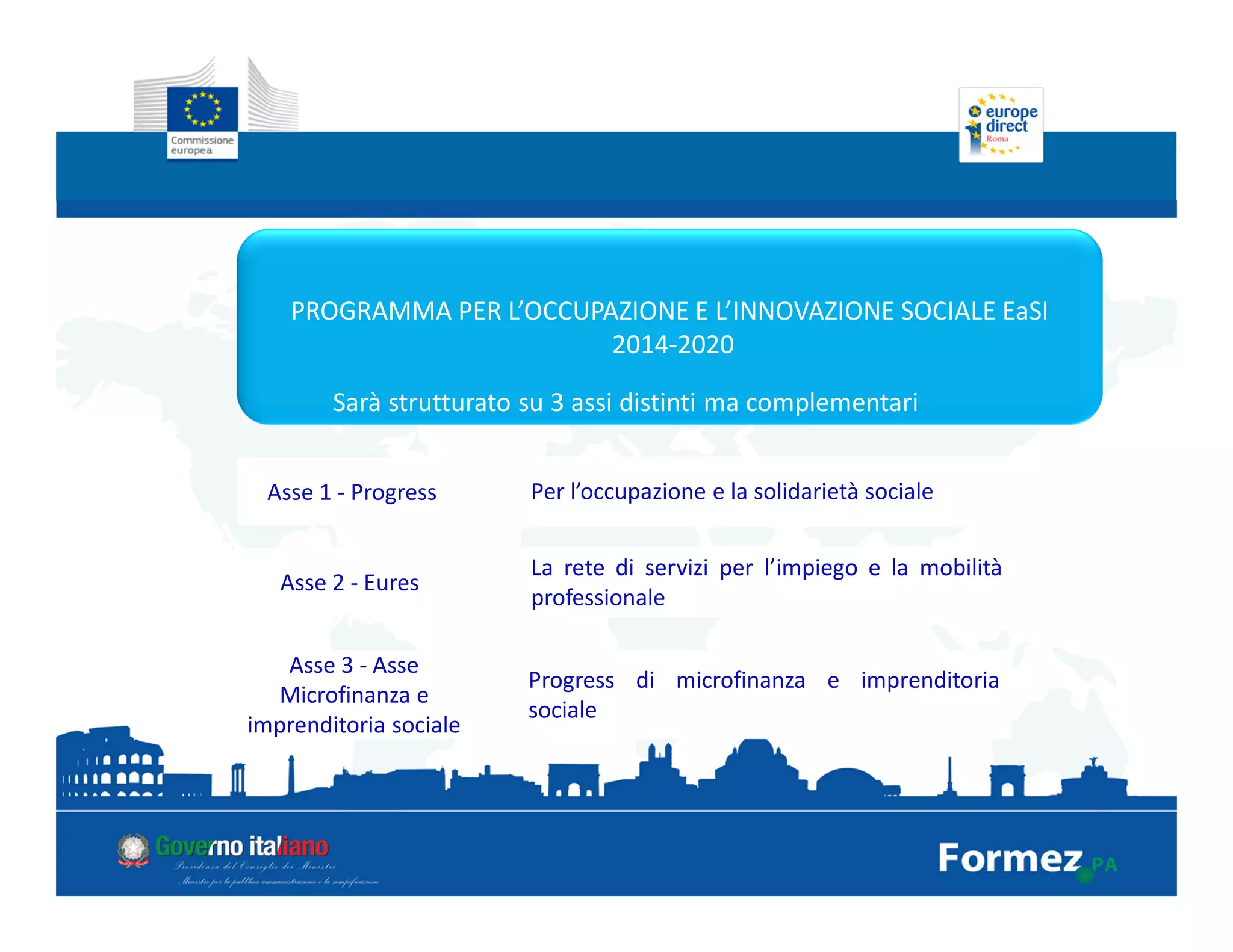 Per l’occupazione e la solidarietà sociale
La rete di servizi per l’impiego e la mobilità
professionale
Progress di microfinanza e imprenditoria
sociale
PROGRAMMA PER L’OCCUPAZIONE E L’INNOVAZIONE SOCIALE EaSI
2014-2020
Sarà strutturato su 3 assi distinti ma complementari
Asse 2 - Eures
Asse 1 - Progress
Asse 3 - Asse
Microfinanza e
imprenditoria sociale
 