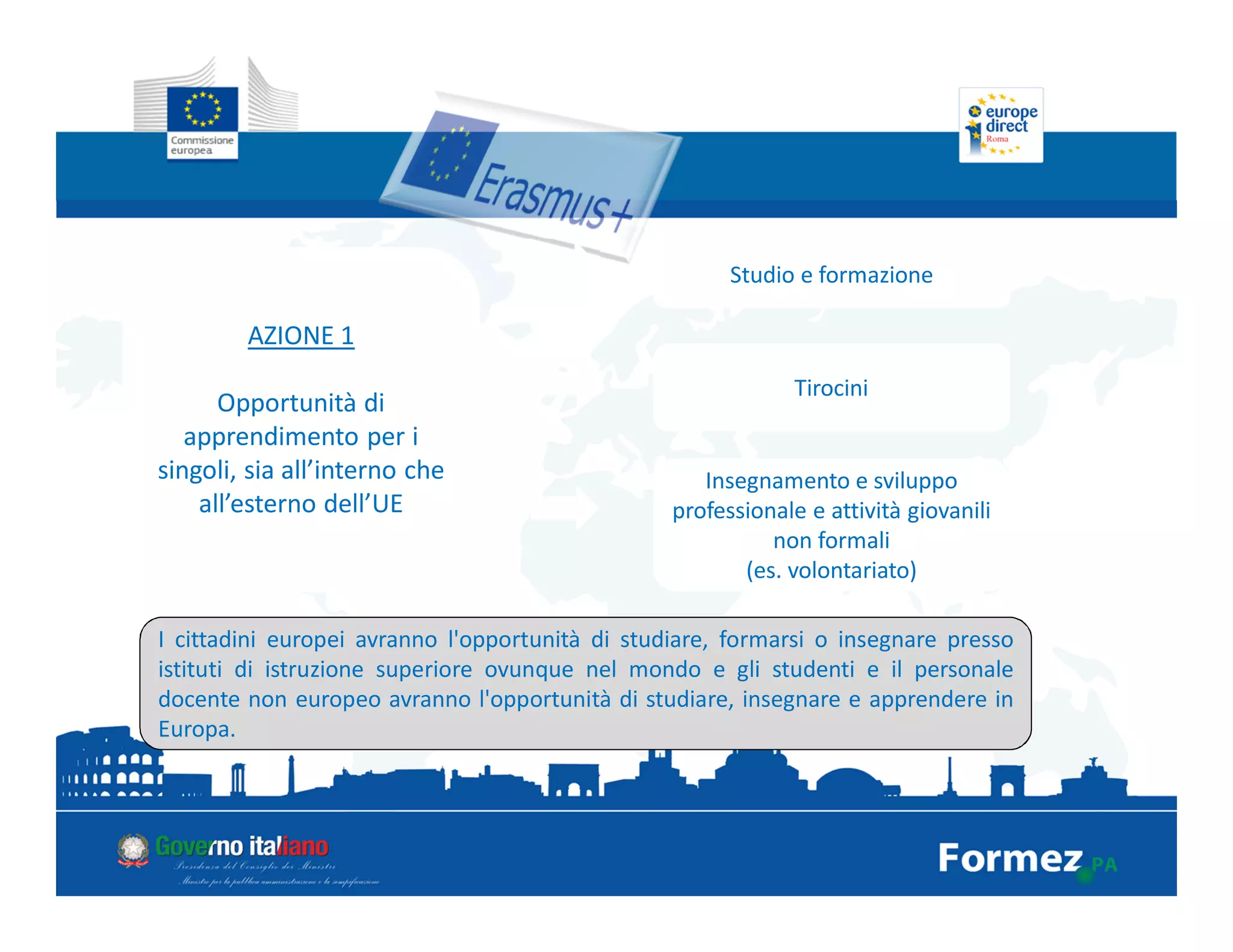 AZIONE 1
Opportunità di
apprendimento per i
singoli, sia all’interno che
all’esterno dell’UE
Insegnamento e sviluppo
professionale e attività giovanili
non formali
(es. volontariato)
I cittadini europei avranno l'opportunità di studiare, formarsi o insegnare presso
istituti di istruzione superiore ovunque nel mondo e gli studenti e il personale
docente non europeo avranno l'opportunità di studiare, insegnare e apprendere in
Europa.
Studio e formazione
Tirocini
 