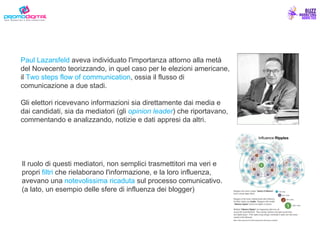 Paul Lazarsfeld  aveva individuato l'importanza attorno alla metà del Novecento teorizzando, in quel caso per le elezioni americane, il  Two steps flow of communication , ossia il flusso di comunicazione a due stadi. Gli elettori ricevevano informazioni sia direttamente dai media e dai candidati, sia da mediatori (gli  opinion leader ) che riportavano, commentando e analizzando, notizie e dati appresi da altri. Il ruolo di questi mediatori, non semplici trasmettitori ma veri e propri  filtri  che rielaborano l'informazione, e la loro influenza, avevano una  notevolissima ricaduta  sul processo comunicativo. (a lato, un esempio delle sfere di influenza dei blogger) 