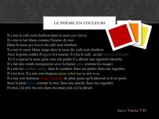 LE POÉME EN COULEURS


Il a mis le café noir charbon dans la tasse gris béton
Il a mis le lait blanc comme l’écume de mer
Dans la tasse gris beton du café noir charbon
Il a mis le sucre blanc neige dans la tasse du café noir charbon
Avec la petite cuiller d’argent il a tourné. Il a bu le café au lait marron chocolat
 Et il a reposé la tasse grise sans me parler il a allumé une cigarette blanche.
Il a fait des ronds transparents avec la fumée grise comme les nuages
Il a mis les cendres-smog dans le cendrier. Sans me parler. Sans me regarder.
Il s’est levé. Il a mis son chapeau jaune soleil sur sa tete rose.
Il a mis son manteau rouge incendie de pluie parce qu’il pleuvait et il est parti.
Sous la pluie bleue comme la mer. Sans une parole. Sans me regarder.
Et moi, j’ai pris ma tete dans ma main pale et j’ai pleuré




                                                                            Sara e Valeria 3^D
 
