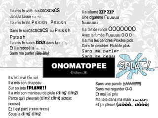Il a mis le café scscscscs   cs             Il a allumé Zip Zip
dans la tasse                               Une cigarette Fuuuuu
Il a mis le lait                            fuuuuuu
Dans le scscscscscs au                      Il a fait de ronds OOOOOOO
                                            Avec la fumée Fuuuuu O O O
                                            Il a mis les cendres Plokéte plok
Il a mis le sucre ZSzSZs dans la
                                            Dans le cendrier Plokéte plok
Et il a reposé la
Sans me parler (Bla Bla)


                           ONOMATOPEE
                                    Giuliano 3E
Il s’est levé (Su, su)
Il a mis son chapeau                                Sans une parole (shhhtttt!!!!)
Sur sa tete (plank!)                                Sans me regarder O-O
Il a mis son manteau de pluie (ding ding)           Et moi j’ai prix
Parce qu’il pleuvait (ding ding scrosc              Ma tete dans ma main (sciàf)
scrosc)                                             Et j’ai pleuré (uèèè, uèèè)
Et il est parti (tram tram)
Sous la ding ding
 