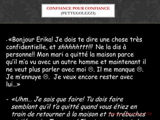 CONFIANCE POUR CONFIANCE
                    (PETTEGOLEZZI)




- «Bonjour  Erika! Je dois te dire une chose très
confidentielle, et shhhhhttt!!! Ne la dis à
personne!! Mon mari a quitté la maison parce
qu’il m’a vu avec un autre homme et maintenant il
ne veut plus parler avec moi . Il me manque .
Je m’ennuye . Je veux encore rester avec
lui…»

- «Uhm… Je sais que faire! Tu dois faire
 semblant qu’il t’a quitté quand vous étiez en
 train de retourner à la maison et tu trébuches3^D
                                    Federica et Dassiratou
 