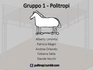 Alberto Limonta
Patrizia Magni
Andrea Orlando
Fabiana Satta
Davide Vecchi
politropi.tumblr.com
Gruppo 1 - Politropi
 
