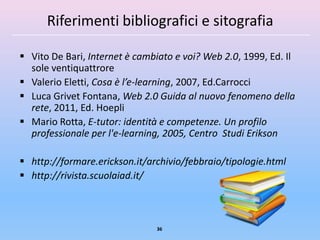 Riferimenti bibliografici e sitografia

 Vito De Bari, Internet è cambiato e voi? Web 2.0, 1999, Ed. Il
  sole ventiquattrore
 Valerio Eletti, Cosa è l’e-learning, 2007, Ed.Carrocci
 Luca Grivet Fontana, Web 2.0 Guida al nuovo fenomeno della
  rete, 2011, Ed. Hoepli
 Mario Rotta, E-tutor: identità e competenze. Un profilo
  professionale per l'e-learning, 2005, Centro Studi Erikson

 http://formare.erickson.it/archivio/febbraio/tipologie.html
 http://rivista.scuolaiad.it/



                               36
 