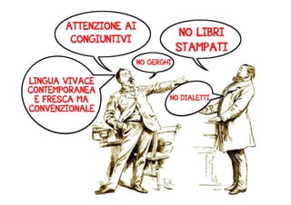 ATTENZIONE AI 
CONGIUNTIVI 
NO GERGHI 
NO LIBRI 
STAMPATI 
LINGUA VIVACE 
CONTEMPORANEA 
E FRESCA MA 
CONVENZIONALE 
NO DIALETTI 
 