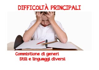 DIFFICOLTÀ PRINCIPALI 
Commistione di generi 
Stili e linguaggi diversi 
 