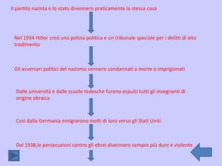 Il partito nazista e lo stato divennero praticamente la stessa cosa Nel 1934 Hitler creò una polizia politica e un tribunale speciale per i delitti di alto tradimento Gli avversari politici del nazismo vennero condannati a morte o imprigionati Dalle università e dalle scuole tedesche furono espulsi tutti gli insegnanti di origine ebraica Così dalla Germania emigrarono molti di loro verso gli Stati Uniti Dal 1938,le persecuzioni contro gli ebrei divennero sempre più dure e violente 