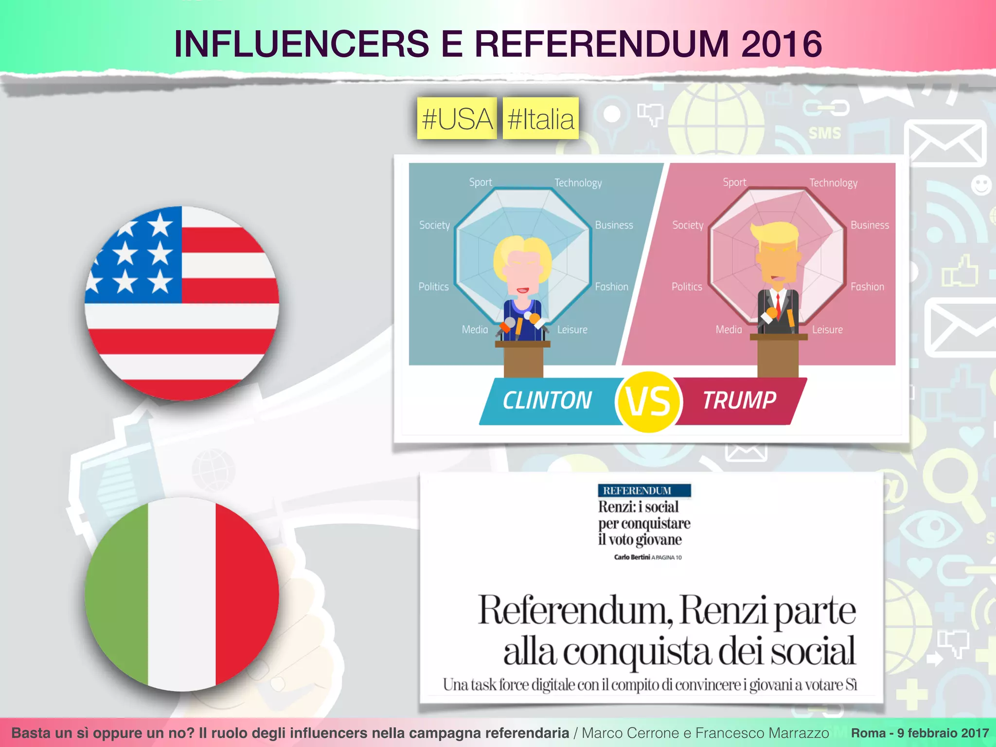 INFLUENCERS E REFERENDUM 2016
Basta un sì oppure un no? Il ruolo degli inﬂuencers nella campagna referendaria / Marco Cerrone e Francesco Marrazzo Roma - 9 febbraio 2017
#USA #Italia
 
