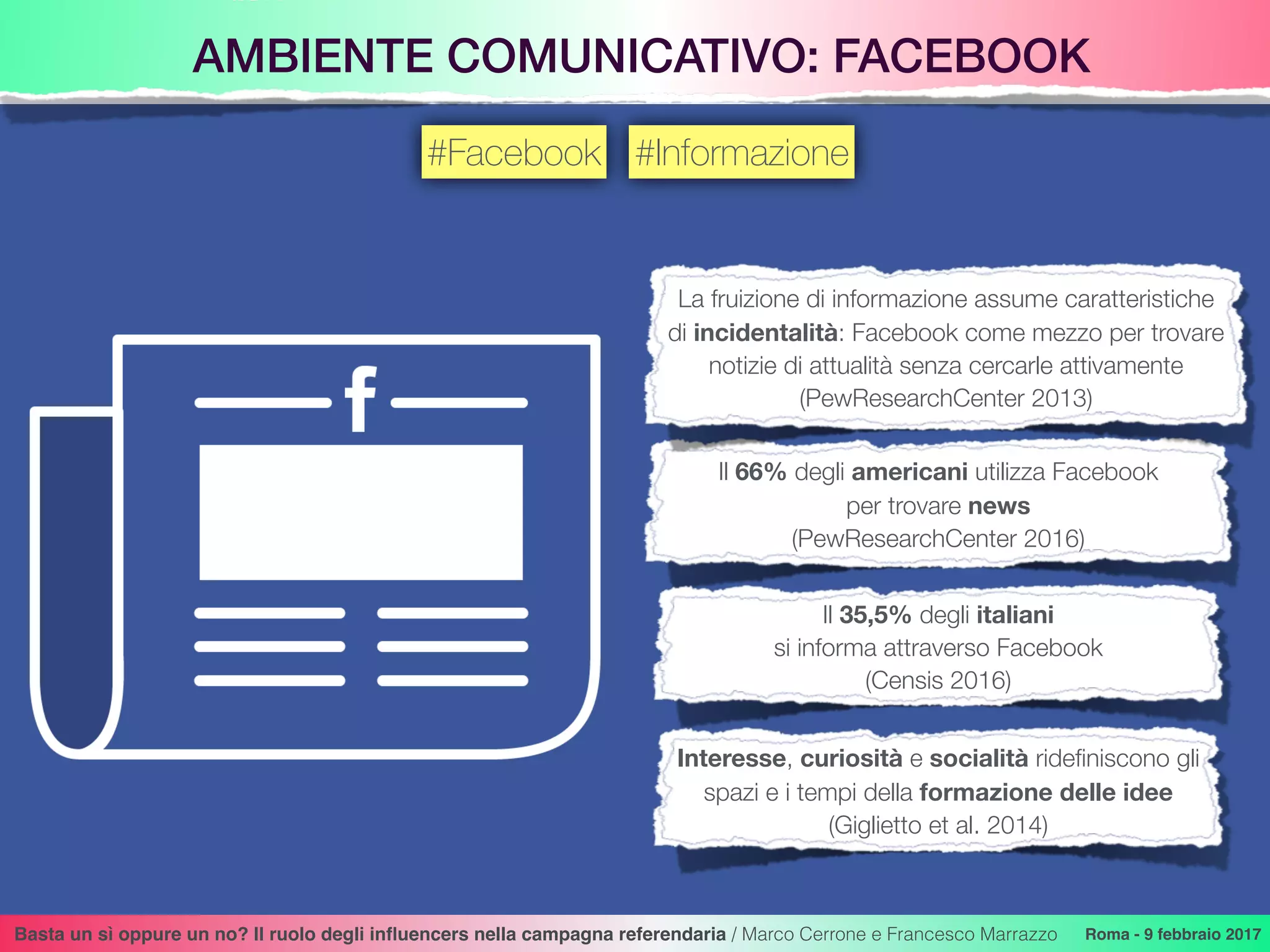 AMBIENTE COMUNICATIVO: FACEBOOK
Il 66% degli americani utilizza Facebook  
per trovare news
(PewResearchCenter 2016)
Il 35,5% degli italiani  
si informa attraverso Facebook
(Censis 2016)
Interesse, curiosità e socialità rideﬁniscono gli
spazi e i tempi della formazione delle idee
(Giglietto et al. 2014)
#Facebook #Informazione
Basta un sì oppure un no? Il ruolo degli inﬂuencers nella campagna referendaria / Marco Cerrone e Francesco Marrazzo Roma - 9 febbraio 2017
La fruizione di informazione assume caratteristiche
di incidentalità: Facebook come mezzo per trovare
notizie di attualità senza cercarle attivamente
(PewResearchCenter 2013)
 
