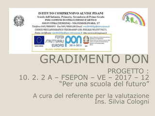 GRADIMENTO PON
PROGETTO :
10. 2. 2 A – FSEPON – VE – 2017 – 12
“Per una scuola del futuro”
A cura del referente per la valutazione
Ins. Silvia Cologni
 