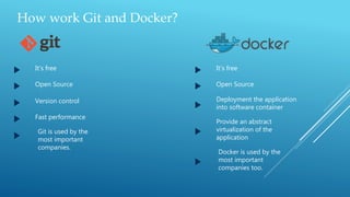 How work Git and Docker?
It’s free
Open Source
Version control
Fast performance
Git is used by the
most important
companies.
It’s free
Open Source
Deployment the application
into software container
Provide an abstract
virtualization of the
application
Docker is used by the
most important
companies too.
 