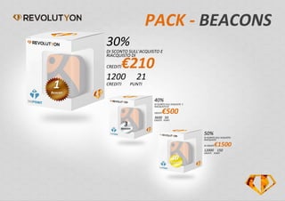 PACK - BEACONS
1Beacon
3
Beacons
10
Beacons
50%
DI SCONTO SULL’ACQUISTO
RIACQUISTO
DI CREDITI€1500
12000 150
CREDITI PUNTI
30%
DI SCONTO SULL’ACQUISTO E
RIACQUISTO DI
CREDITI€210
1200 21
CREDITI PUNTI
40%
DI SCONTO SULL’ACQUISTO E
RIACQUISTO DI
CREDITI€500
3600 50
CREDITI PUNTI
 